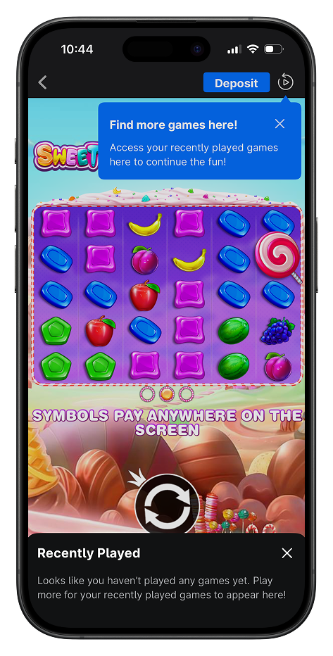 Screenshot of quick deposit and recently played in-game navigation buttons in theScore Bet app.