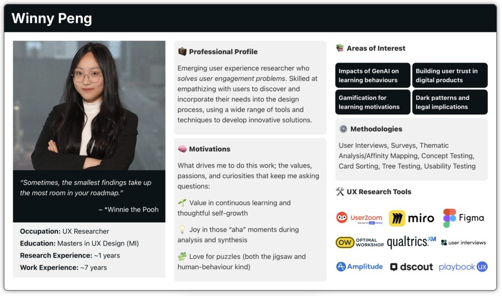 Screenshot of my "about me" page's persona.