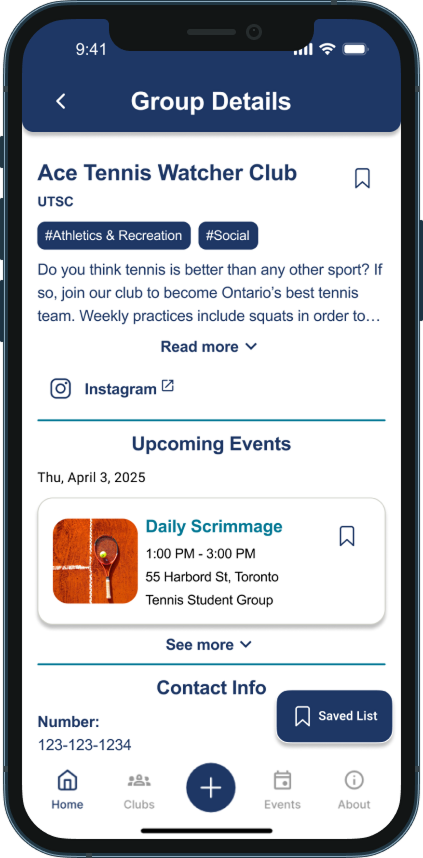 Example of Student Group details page in the UofT Mobile app.