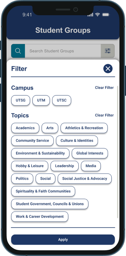 Example filters for Student Groups in the UofT Mobile app.