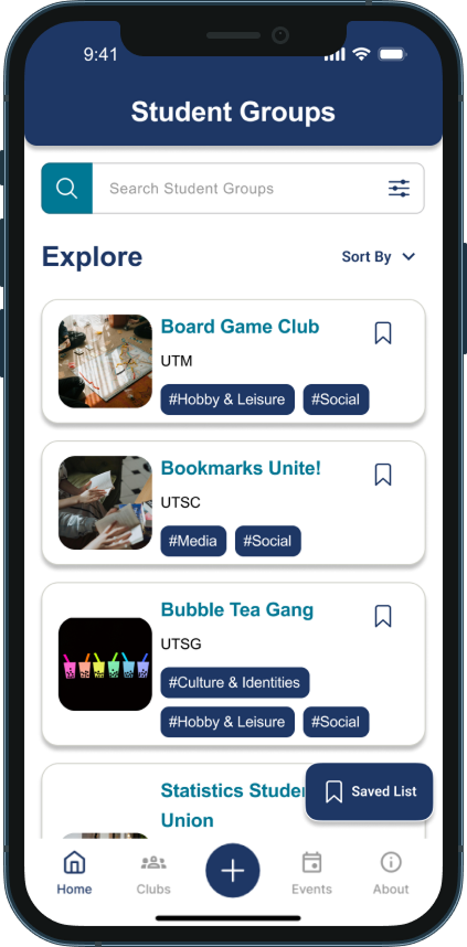 Example of Student Groups page in the UofT Mobile app.